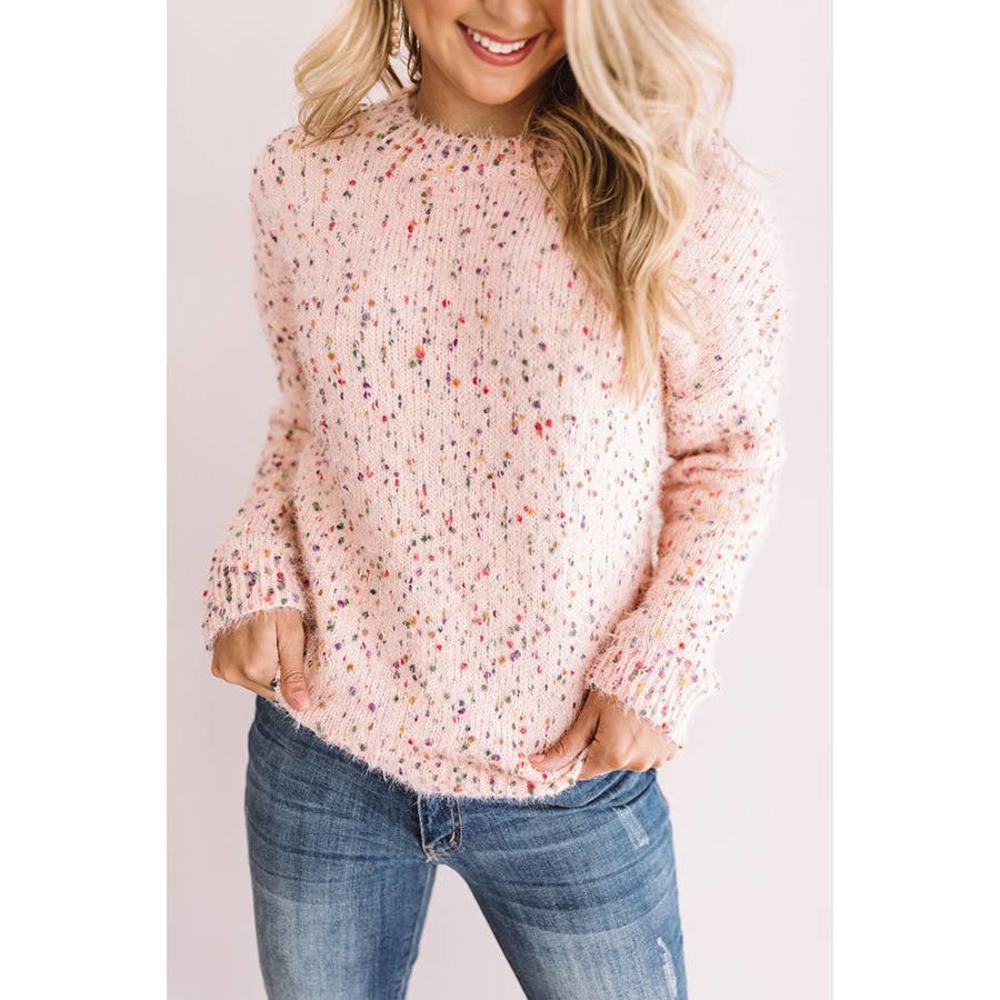 Main Strip Pink Sweater Fuzzy Soft Loose Fit W/ Multicolor PomPoms